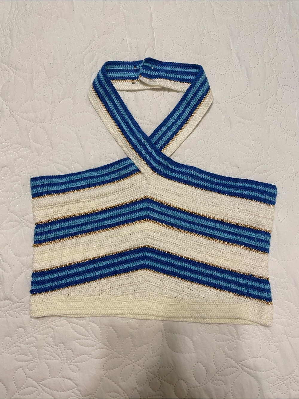 Emily in Paris Striped Knit Halter Crop Top — Blue & White